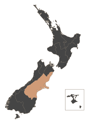 New Zealand Map, Canterbury highlighted