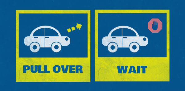 A series of two illustrations on a blue background showing how to Pull over and wait. At the left the words PULL OVER are under to a simple white cartoon image of a car. A yellow arrow next to the car points to the right side of the image. At the right the word WAIT is under an image of the car. Above the car is a red icon of a hand indicating to wait.