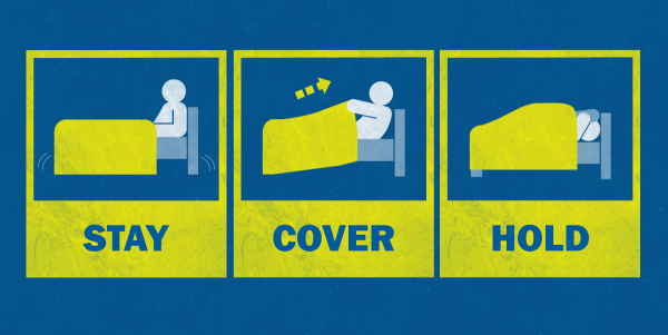 A series of three illustrations on a blue background showing how to Stay, Cover and Hold. At the left the word STAY is under to a simple white cartoon image of a person sitting up in bed. In the middle the word COVER is under an image of the same person pulling their blanket towards their head. At the right the word HOLD is under an image of the person now lying down in bed. The blanket is pulled right up and they are holding a pillow over their head.