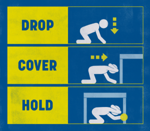 A series of three illustrations on a blue background showing how to Drop, Cover and Hold. At the top the word DROP is next to a simple white cartoon image of a person crouching down. A yellow arrow next to their head points down. In the middle the word COVER is next to an image of the same person crouched down next to a table. Their right hand is raised to cover their head and a yellow arrow is pointing right towards the table. At the bottom the word HOLD is next to an image of the person now crouching under a table. They are holding a table leg with their left hand and covering their head with their right hand. 