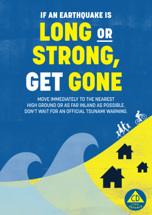 An illustration of  a family and a person on a bike evacuating up a hill as waters rise. Text on the image reads: If an earthquake is long or strong, get gone. Move immediately to the nearest high ground or as far inland as possible. Don't wait for an official tsunami warning.