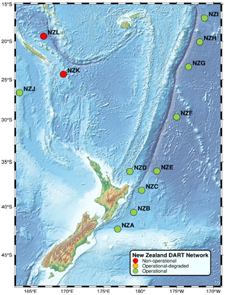 Image of a map of New Zealand and the surrounding areas showing the location of the DART buoy