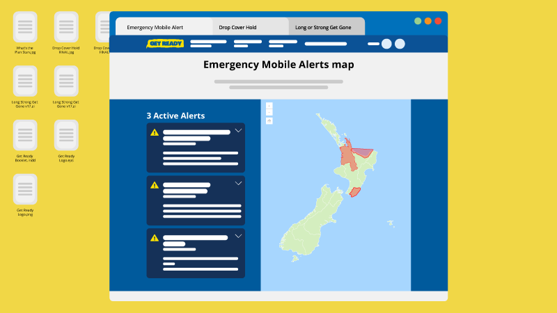 Stylised example of the Emergency Mobile Alerts map page on GetReady.govt.nz