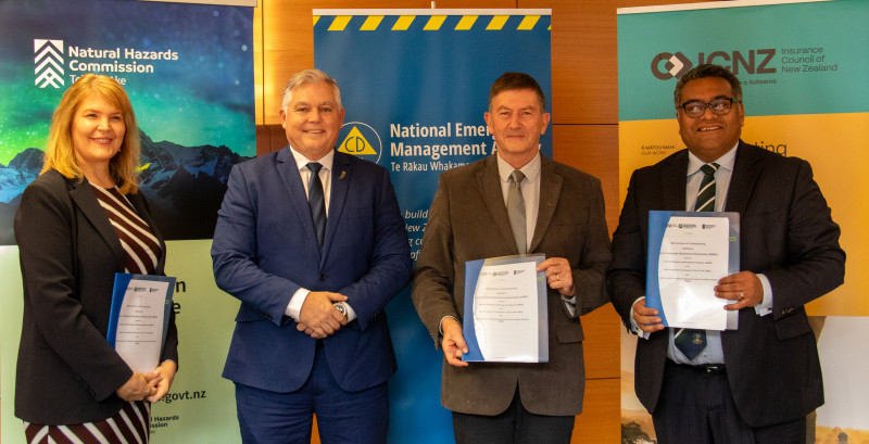 Minister Mitchell and CEs for NEMA, NHC and ICNZ at signing of Natural Hazards Resilience Partnership